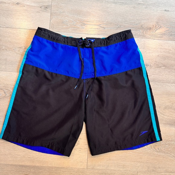 Speedo Mens Swim Trunks Shorts Black Blue Aqua Large L Drawstring - Picture 1 of 8